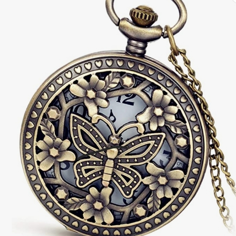 Avaner Antique Bronze Retro Butterfly Rose Flowers Openwork Quartz Pocket Watch